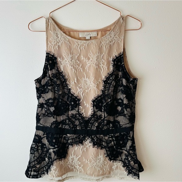 Ann Taylor LOFT Blouse Nude Eyelash Lace Ribbon Tie Peplum Tank Top - Picture 5 of 9